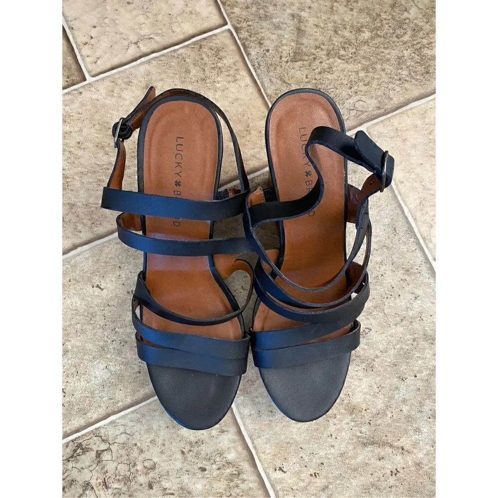 Lucky Brand Womens Larinaa Platform Wedge Sandals Black Ankle Strap Buckle 9.5